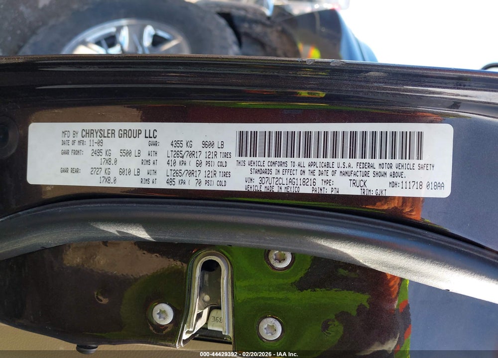 2010 DODGE RAM 2500 LARAMIE VIN: 3D7UT2CL1AG118216