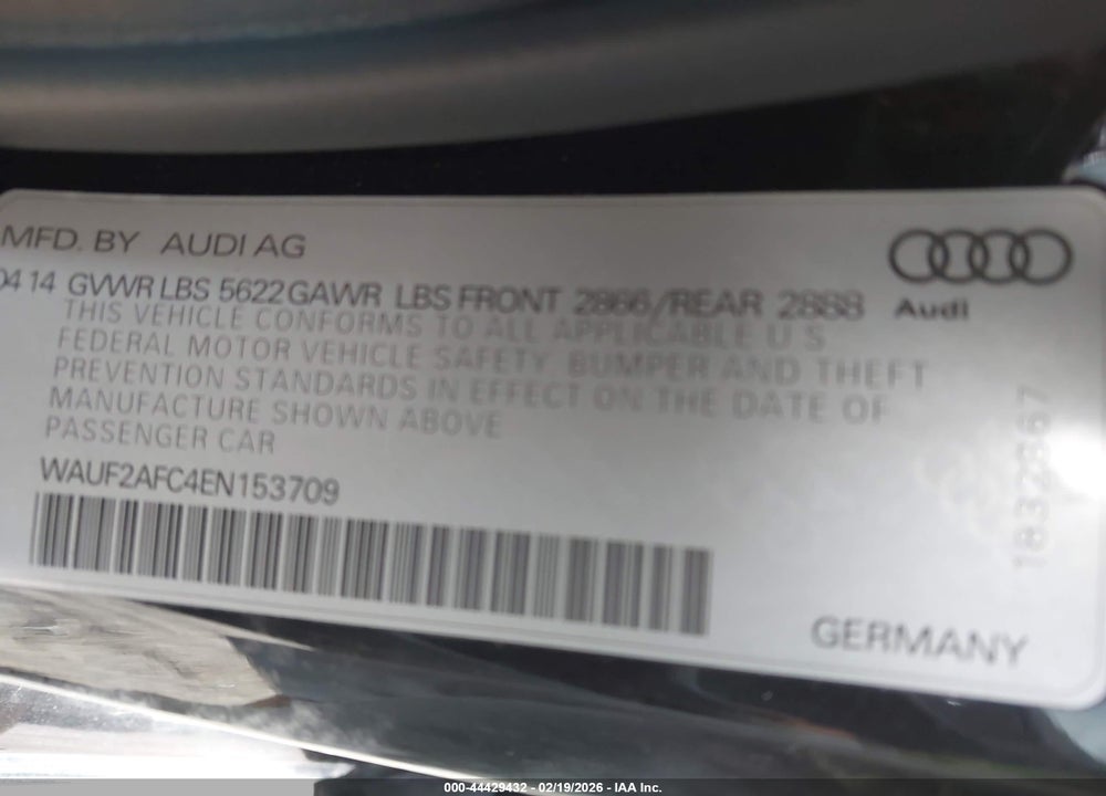 2014 AUDI S6 4.0T PRESTIGE VIN: WAUF2AFC4EN153709