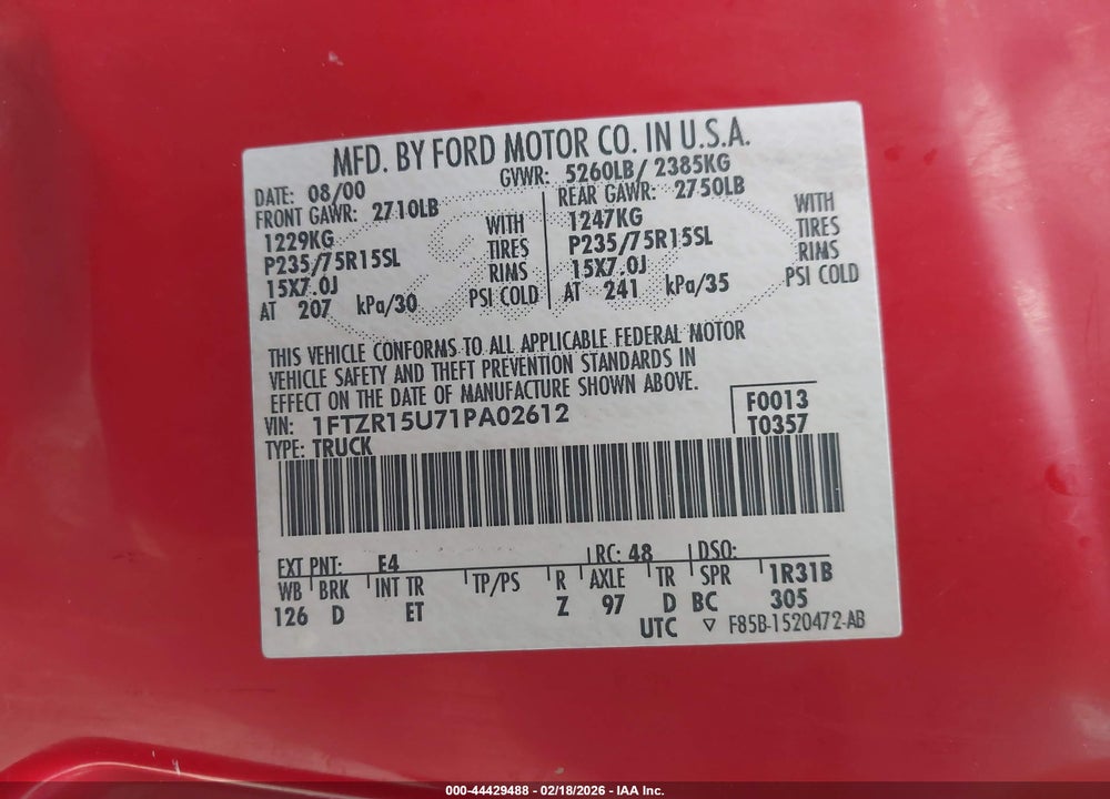 2001 FORD RANGER EDGE/XLT VIN: 1FTZR15U71PA02612