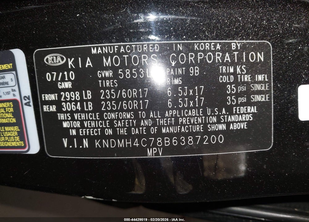 2011 KIA SEDONA EX VIN: KNDMH4C78B6387200