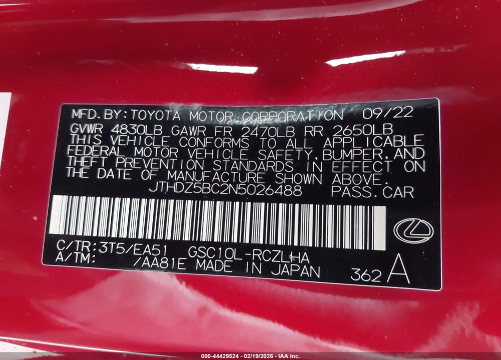 2022 LEXUS RC 350 VIN: JTHDZ5BC2N5026488