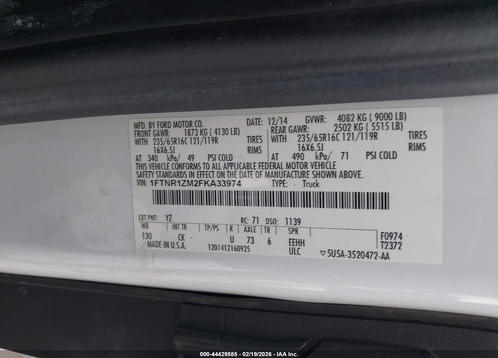 2015 FORD TRANSIT-250 VIN: 1FTNR1ZM2FKA33974