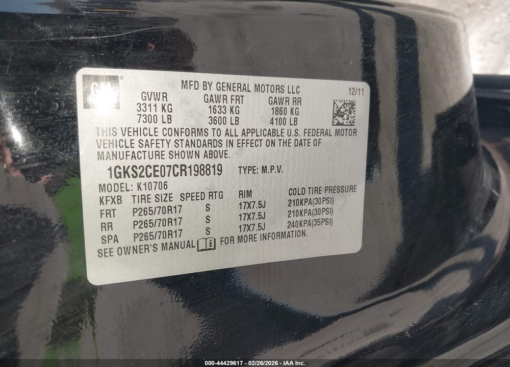 2012 GMC YUKON SLT VIN: 1GKS2CE07CR198819