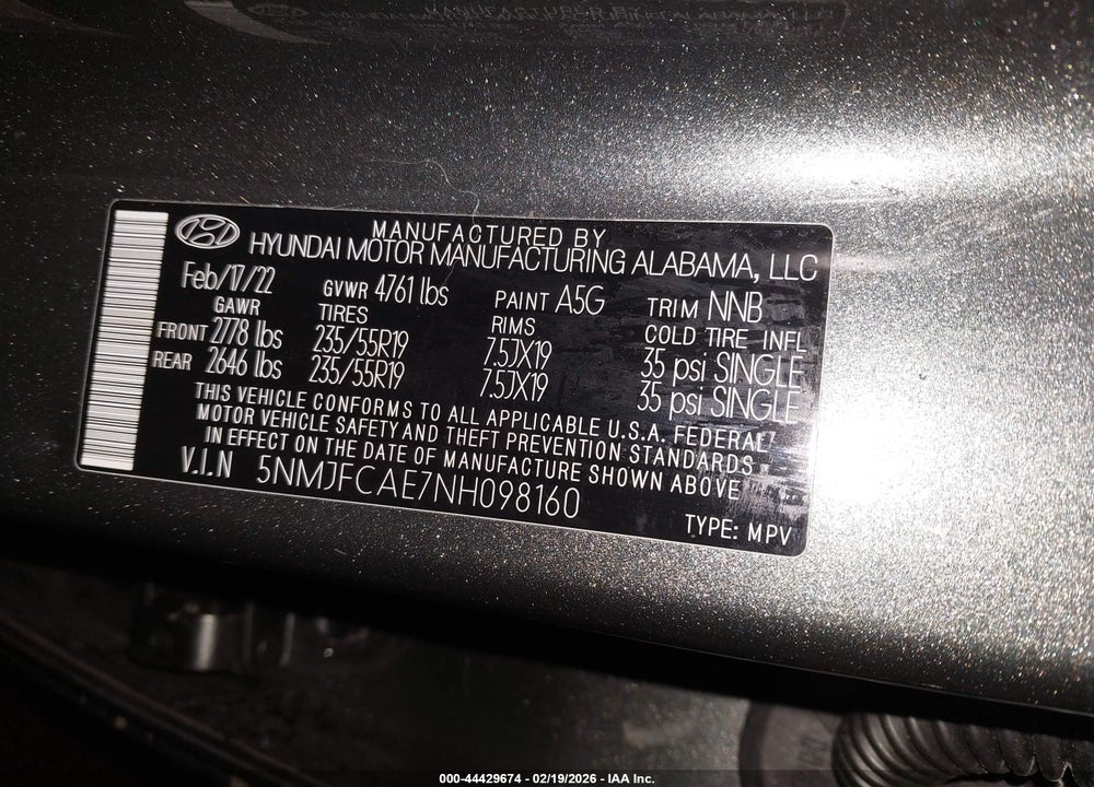 2022 HYUNDAI TUCSON VIN: 5NMJFCAE7NH098160
