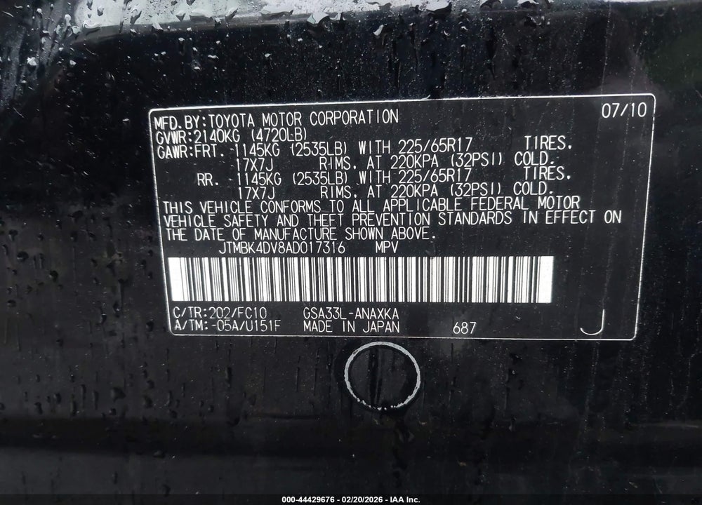 2010 TOYOTA RAV4 BASE V6 VIN: JTMBK4DV8AD017316