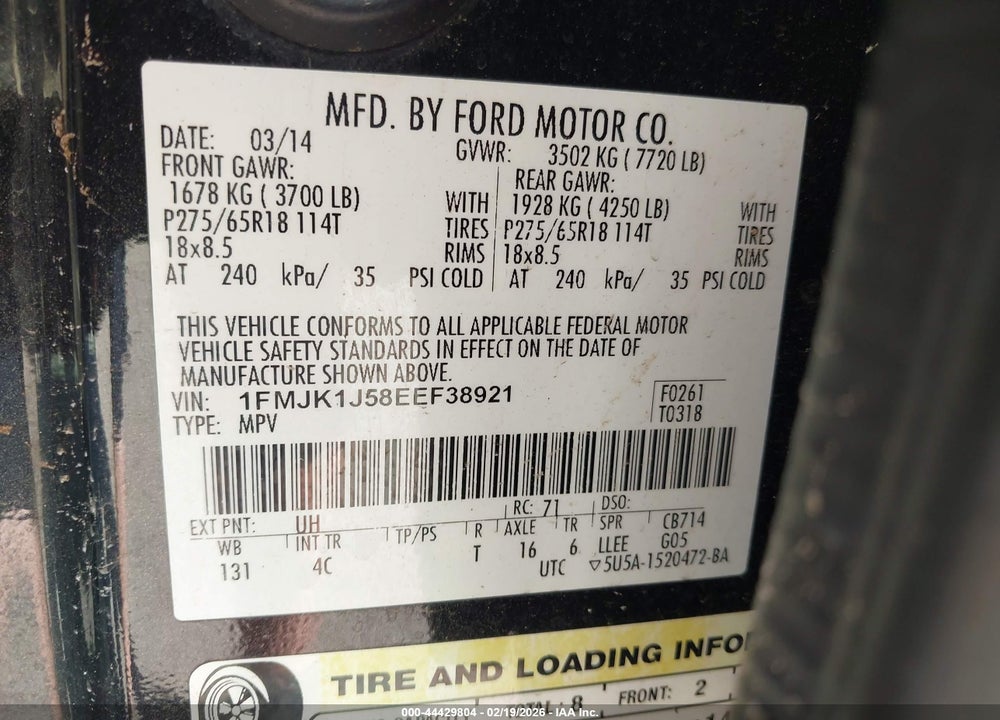 2014 FORD EXPEDITION EL XLT VIN: 1FMJK1J58EEF38921