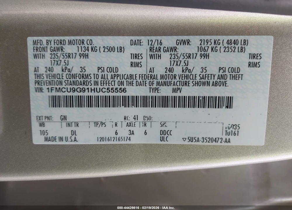 2017 FORD ESCAPE SE VIN: 1FMCU9G91HUC55556