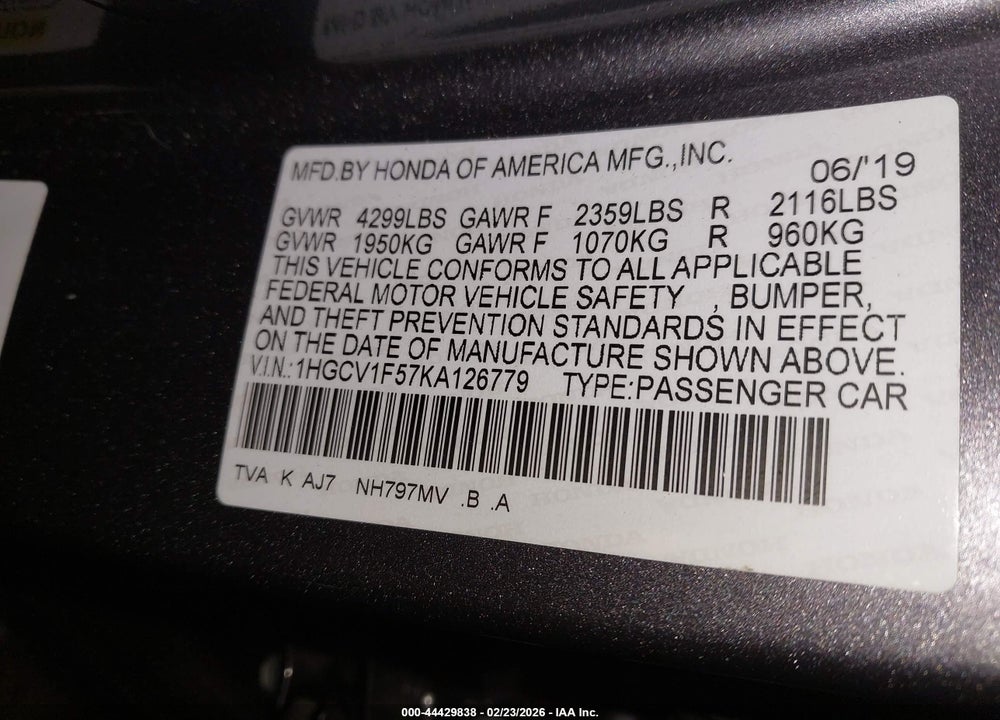 2019 HONDA ACCORD EX-L VIN: 1HGCV1F57KA126779