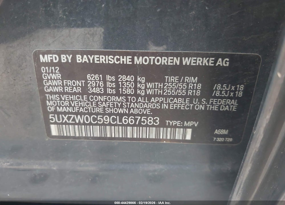 2012 BMW X5 XDRIVE35D VIN: 5UXZW0C59CL667583