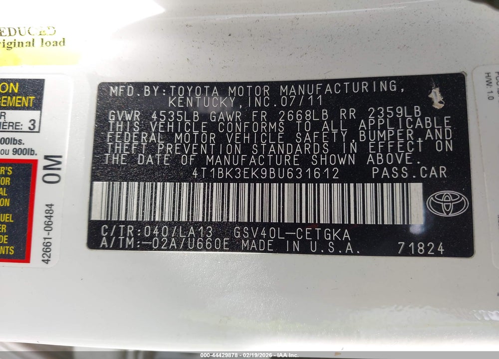 2011 TOYOTA CAMRY XLE V6 VIN: 4T1BK3EK9BU631612