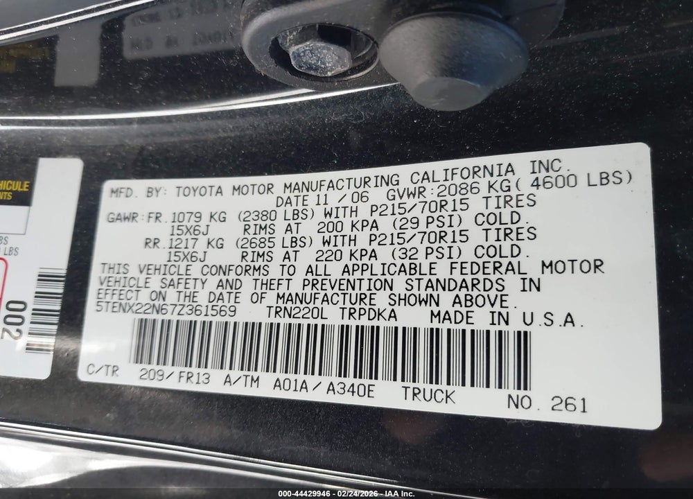 2007 TOYOTA TACOMA VIN: 5TENX22N67Z361569