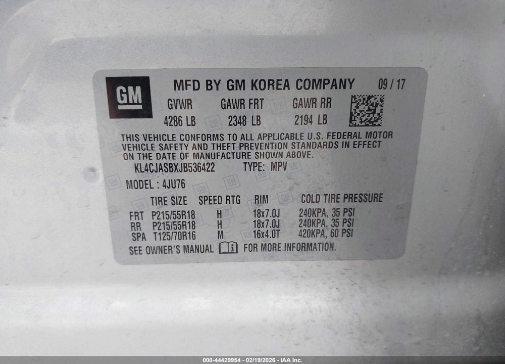 2018 BUICK ENCORE PREFERRED VIN: KL4CJASBXJB536422