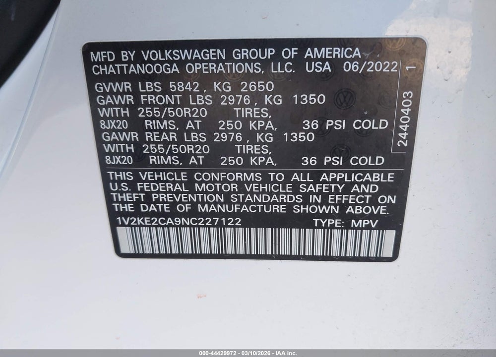 2022 VOLKSWAGEN ATLAS CROSS SPORT 3.6L V6 SE W/TECHNOLOGY VIN: 1V2KE2CA9NC227122