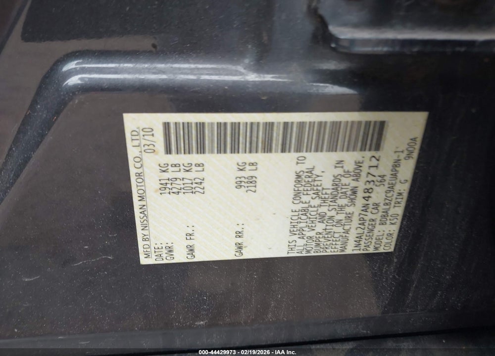 2010 NISSAN ALTIMA 2.5 S VIN: 1N4AL2AP7AN483712