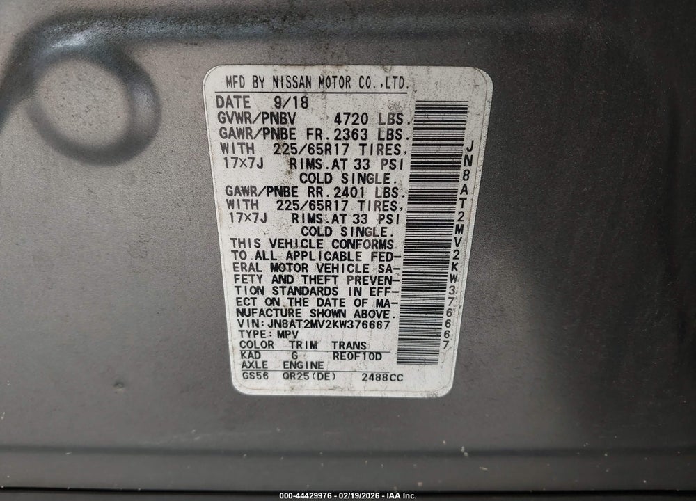 2019 NISSAN ROGUE S VIN: JN8AT2MV2KW376667