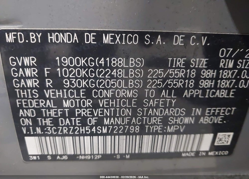 2025 HONDA HR-V AWD SPORT VIN: 3CZRZ2H54SM722798