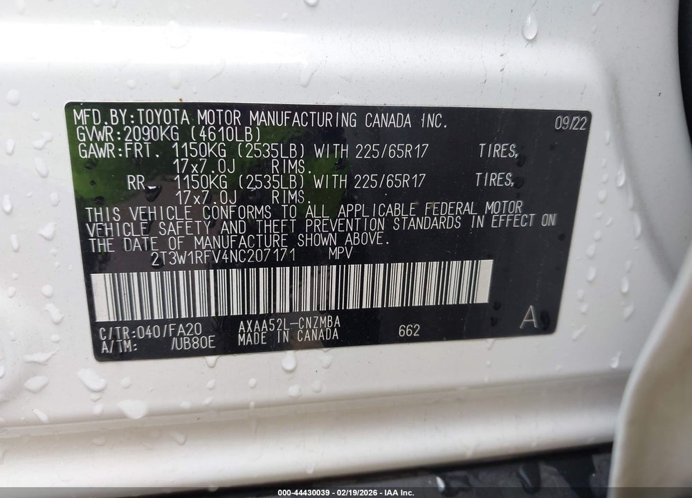 2022 TOYOTA RAV4 XLE VIN: 2T3W1RFV4NC207171