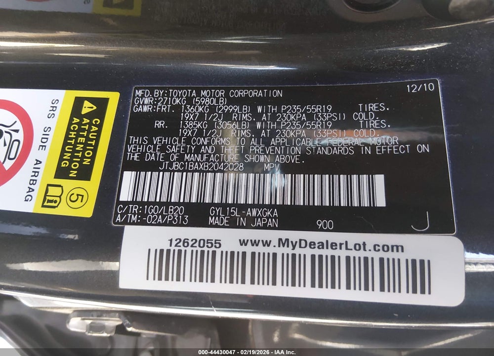 2011 LEXUS RX 450H VIN: JTJBC1BAXB2042028