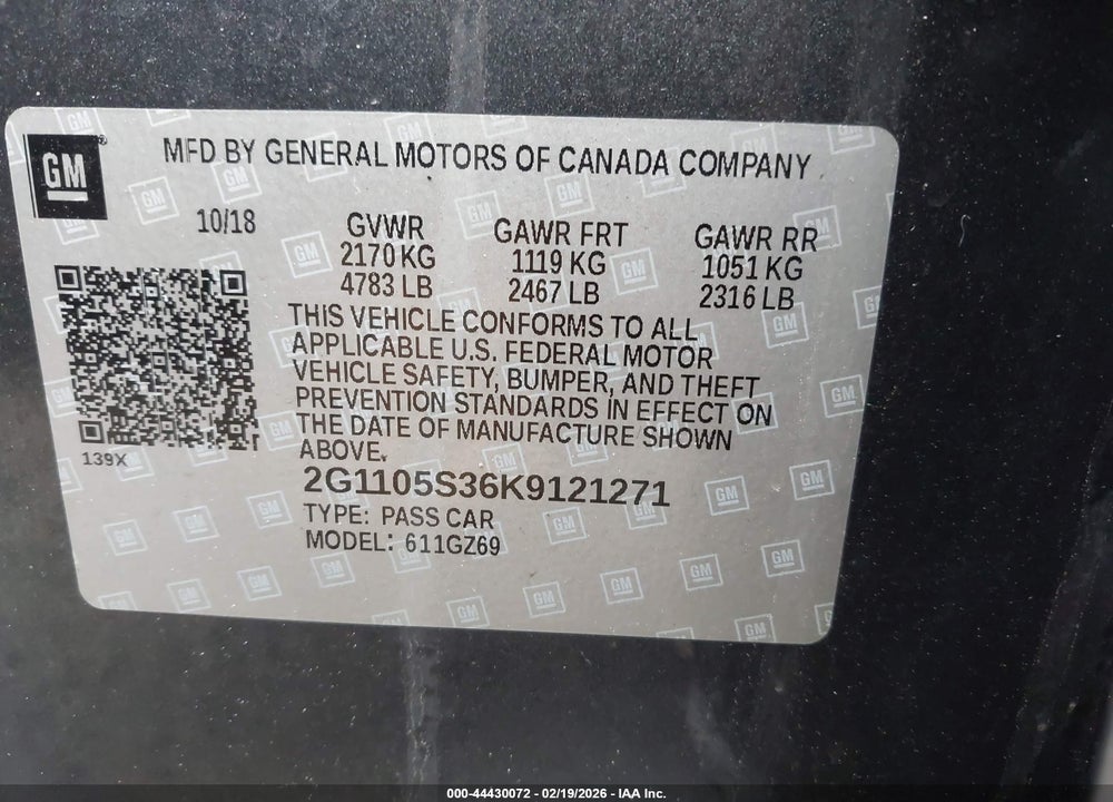 2019 CHEVROLET IMPALA PREMIER VIN: 2G1105S36K9121271
