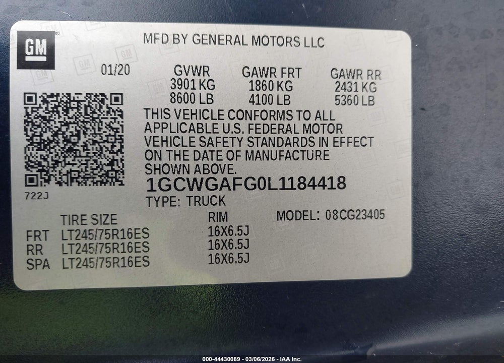 2020 CHEVROLET EXPRESS G2500 VIN: 1GCWGAFG0L1184418