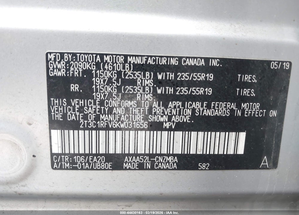 2019 TOYOTA RAV4 XLE PREMIUM VIN: 2T3C1RFV6KW031656
