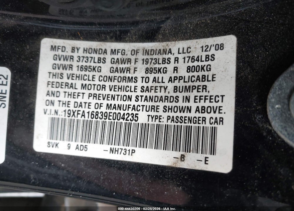 2009 HONDA CIVIC EX VIN: 19XFA16839E004235