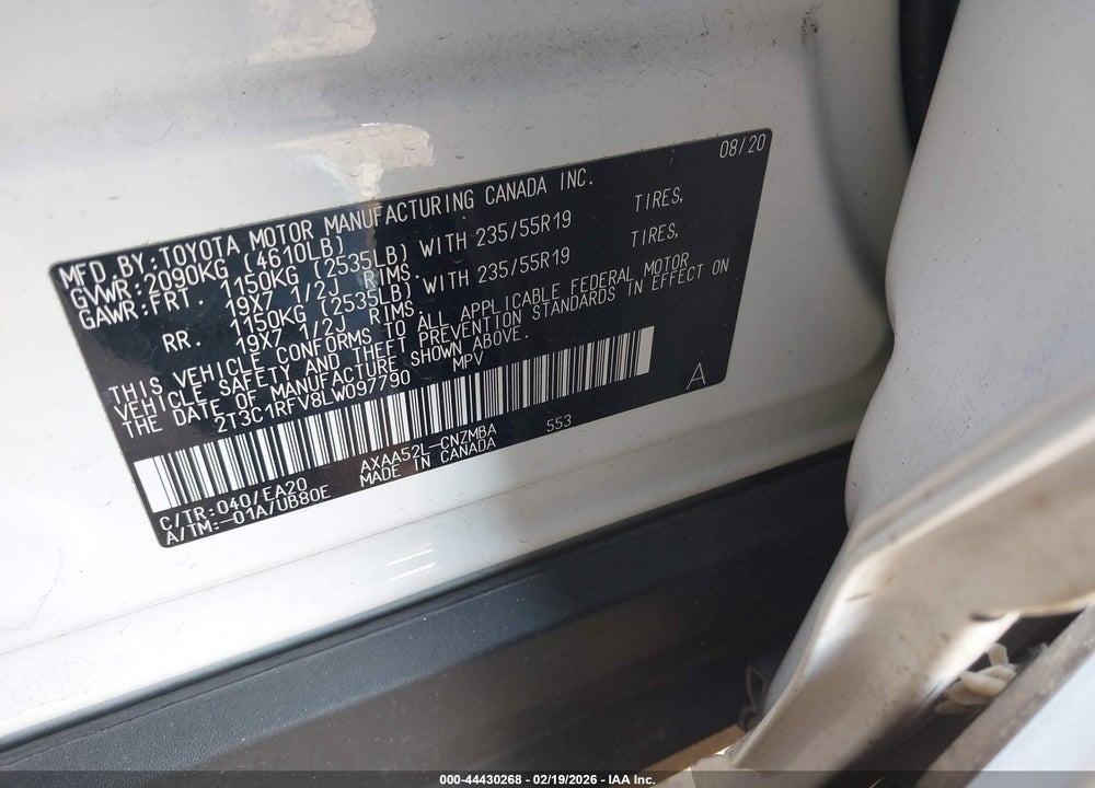 2020 TOYOTA RAV4 XLE PREMIUM VIN: 2T3C1RFV8LW097790