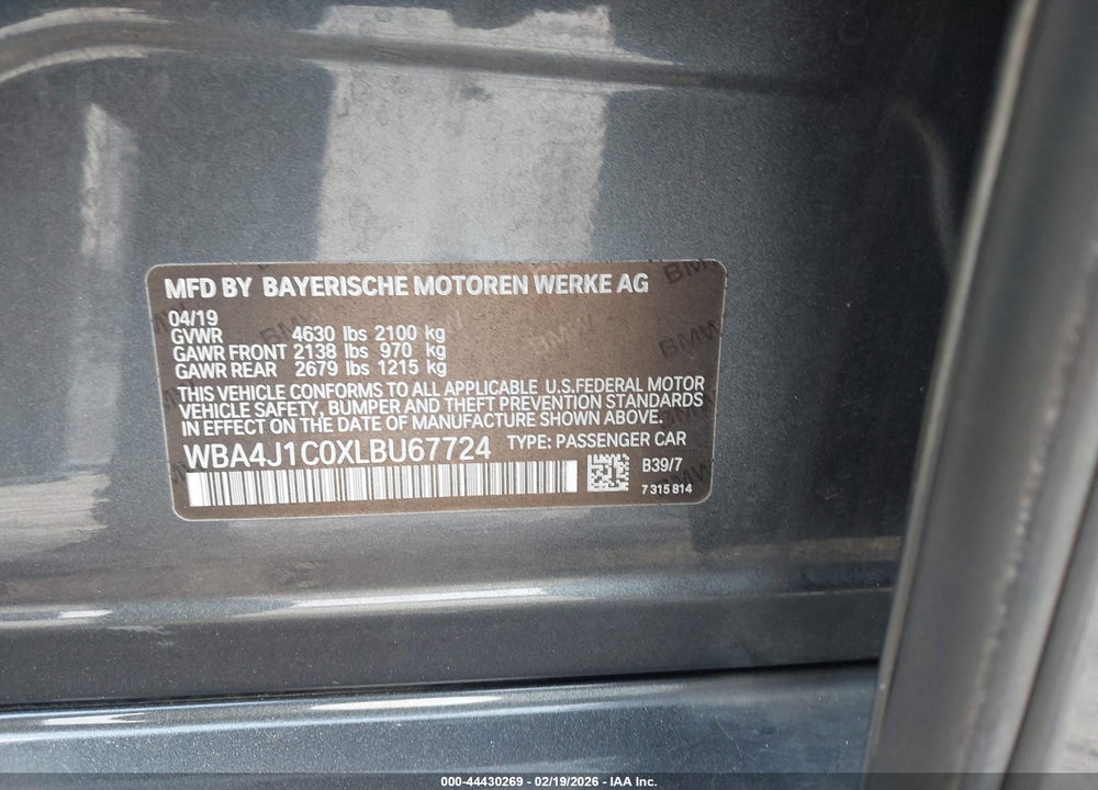 2020 BMW 430I GRAN COUPE VIN: WBA4J1C0XLBU67724