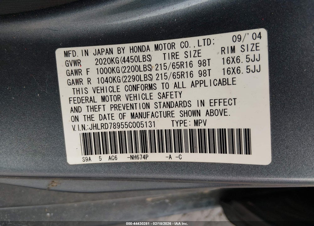 2005 HONDA CR-V SE VIN: JHLRD78955C005131
