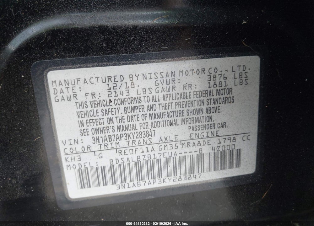 2019 NISSAN SENTRA S VIN: 3N1AB7AP3KY283847