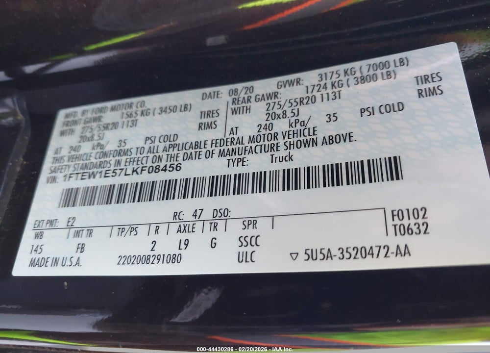 2020 FORD F-150 XLT VIN: 1FTEW1E57LKF08456