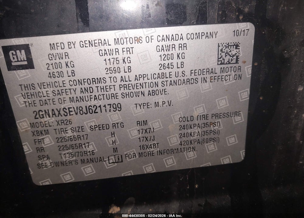 2018 CHEVROLET EQUINOX LT VIN: 2GNAXSEV8J6211799