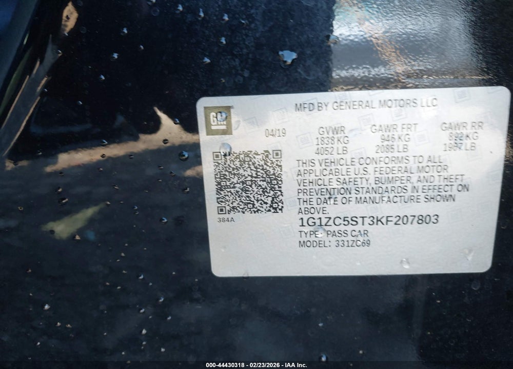 2019 CHEVROLET MALIBU 1FL VIN: 1G1ZC5ST3KF207803