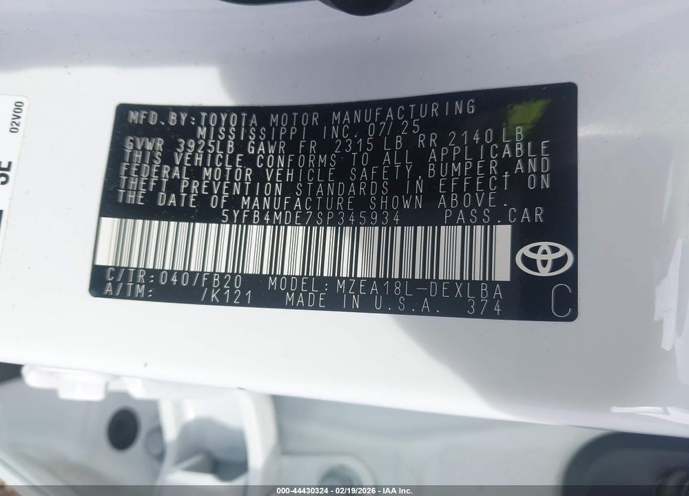 2025 TOYOTA COROLLA LE VIN: 5YFB4MDE7SP345934