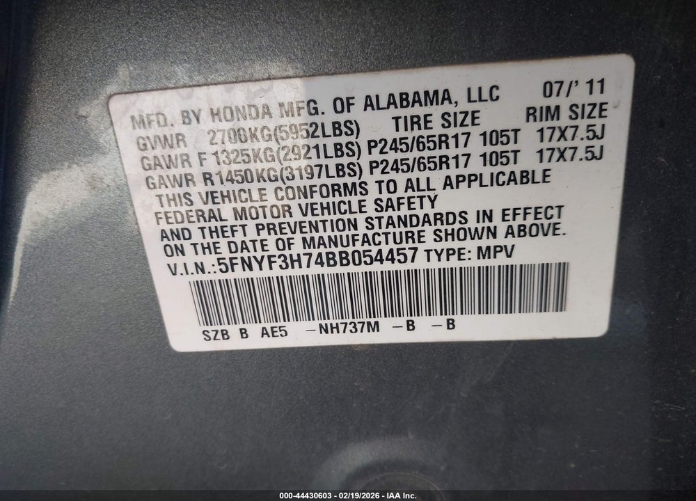 2011 HONDA PILOT EX-L VIN: 5FNYF3H74BB054457