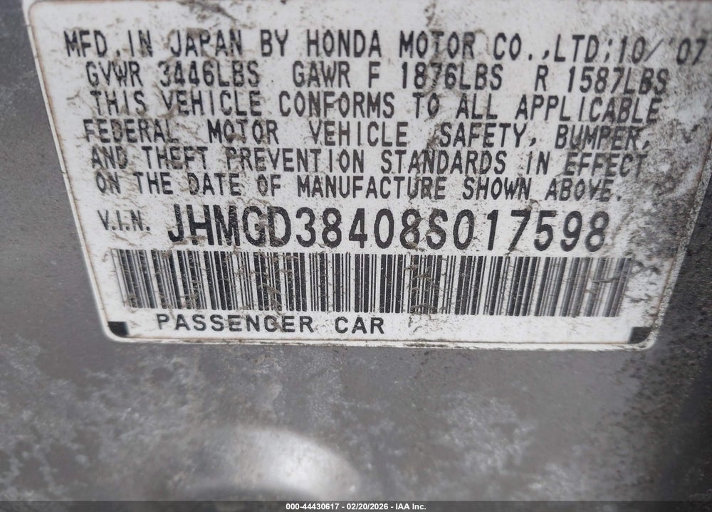 2008 HONDA FIT VIN: JHMGD38408S017598