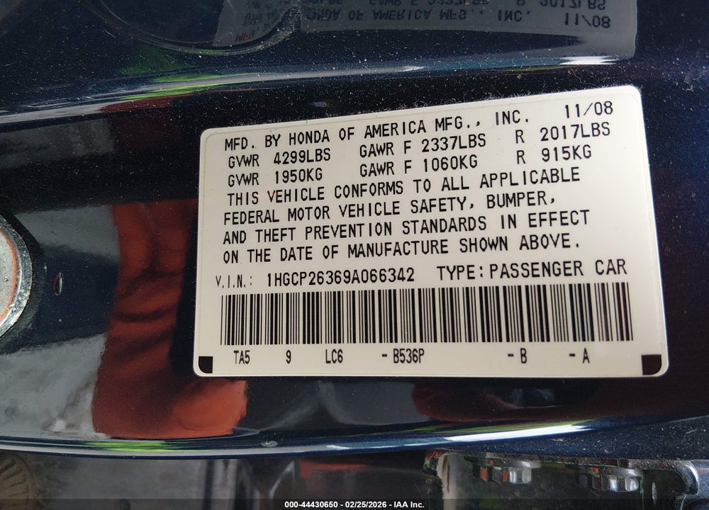 2009 HONDA ACCORD 2.4 LX VIN: 1HGCP26369A066342