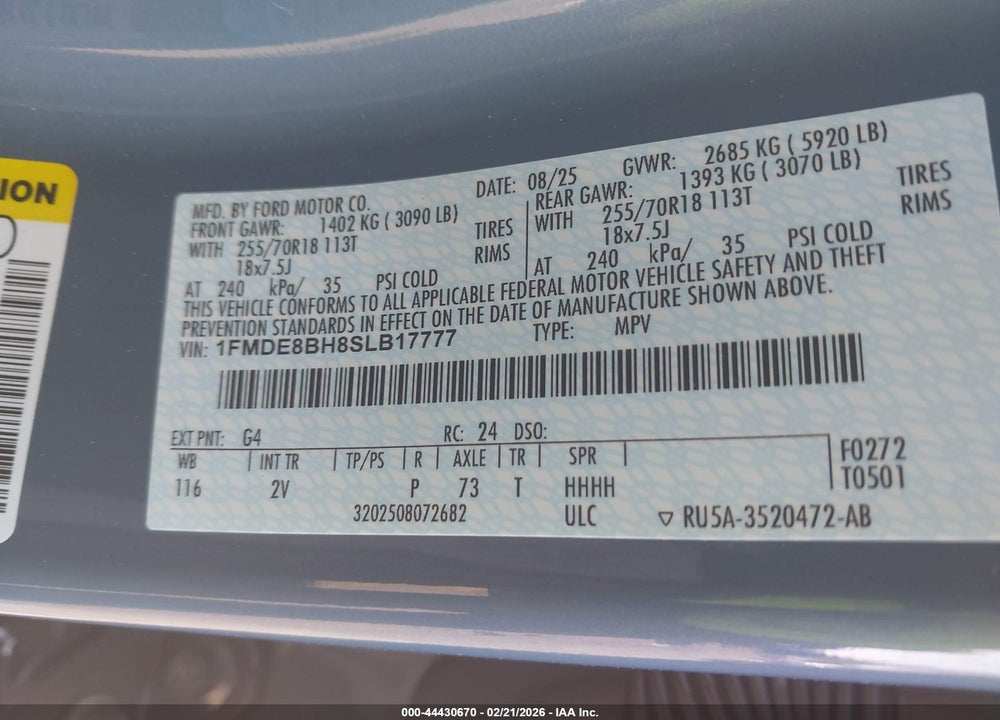 2025 FORD BRONCO OUTER BANKS VIN: 1FMDE8BH8SLB17777