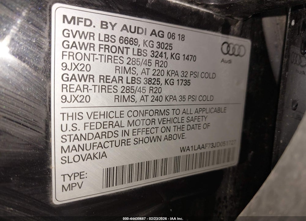 2018 AUDI Q7 3.0T PREMIUM VIN: WA1LAAF73JD051727