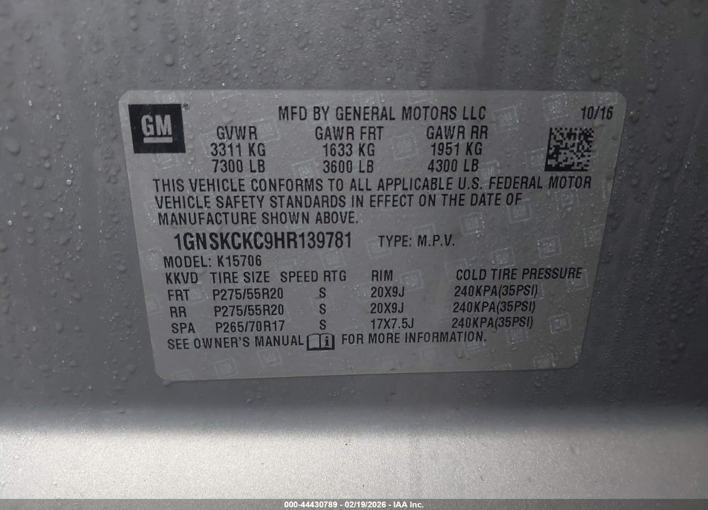 2017 CHEVROLET TAHOE PREMIER VIN: 1GNSKCKC9HR139781