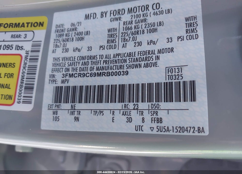 2021 FORD BRONCO SPORT OUTER BANKS VIN: 3FMCR9C69MRB00039