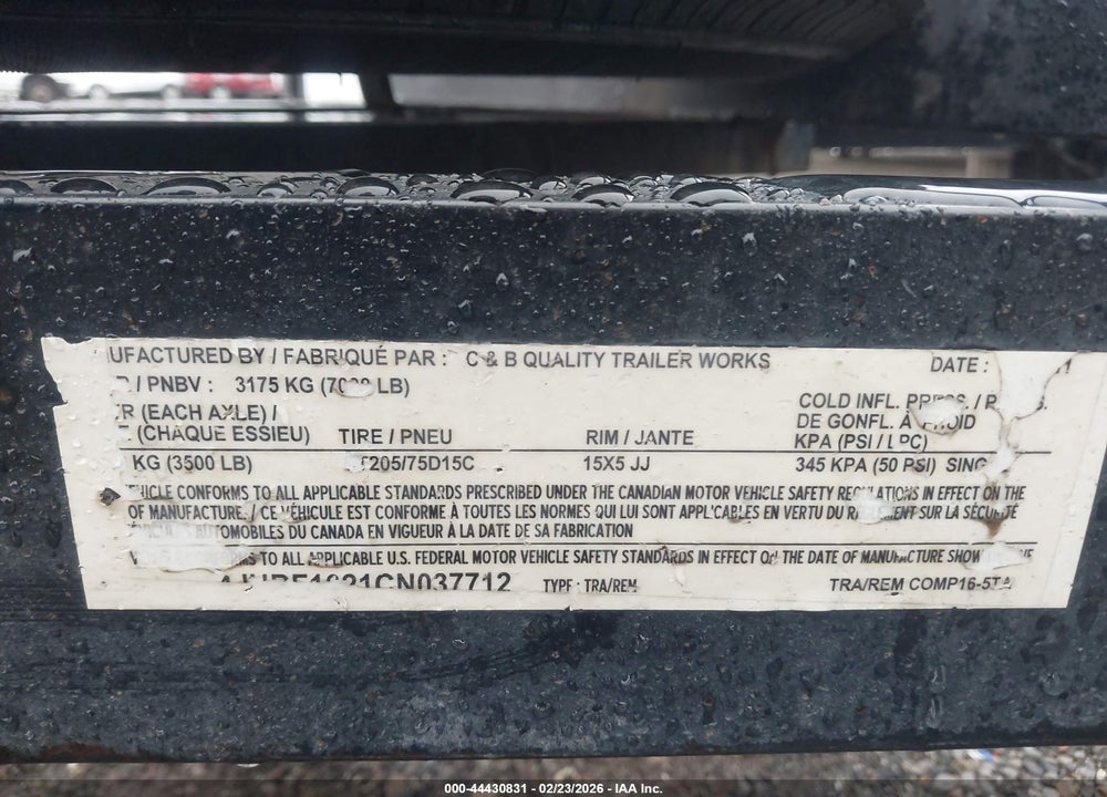 2012 C AND B QUALITY TRAILER VIN: 4JUBF1621CN037712