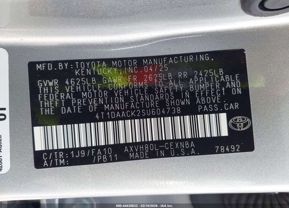 2025 TOYOTA CAMRY LE VIN: 4T1DAACK2SU604738