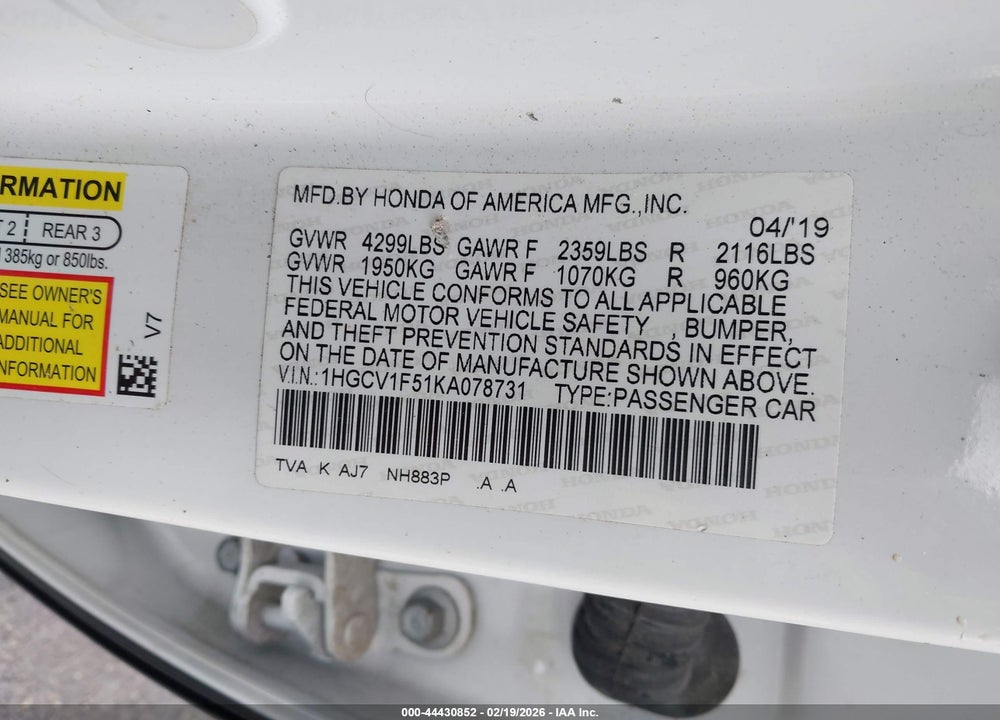 2019 HONDA ACCORD EX-L VIN: 1HGCV1F51KA078731