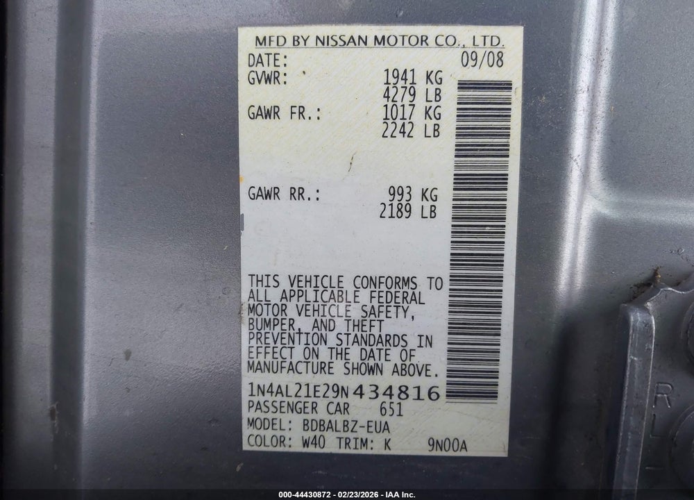 2009 NISSAN ALTIMA 2.5 S VIN: 1N4AL21E29N434816