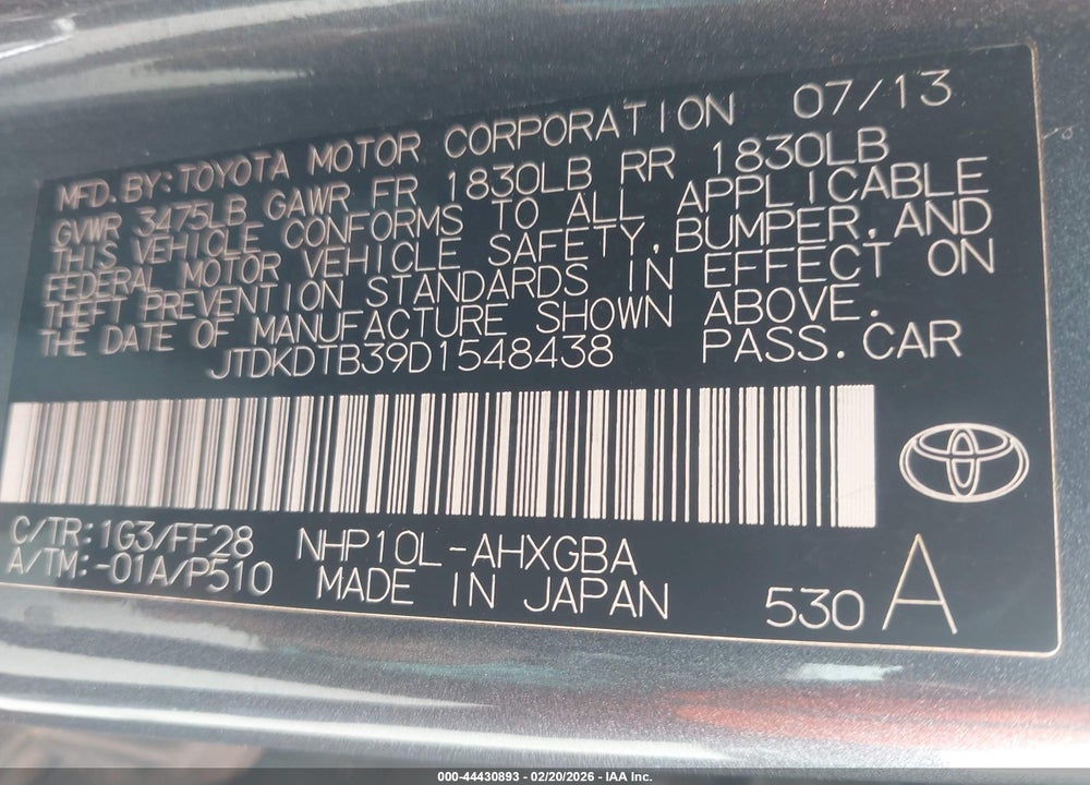 2013 TOYOTA PRIUS C THREE VIN: JTDKDTB39D1548438