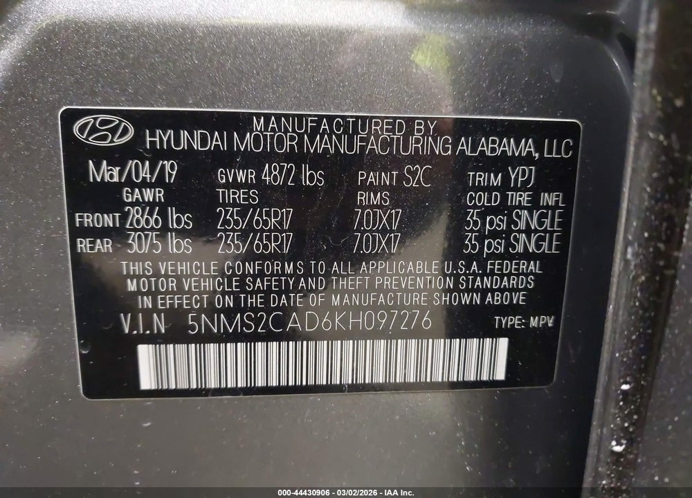 2019 HYUNDAI SANTA FE SE VIN: 5NMS2CAD6KH097276