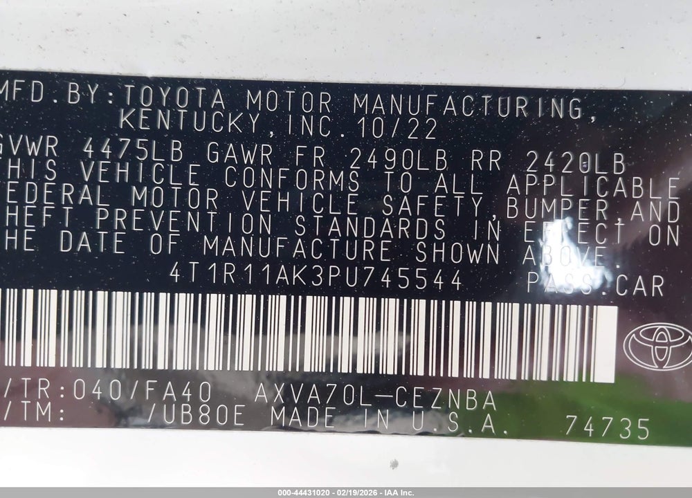 2023 TOYOTA CAMRY LE VIN: 4T1R11AK3PU745544
