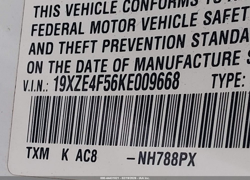 2019 HONDA INSIGHT EX VIN: 19XZE4F56KE009668