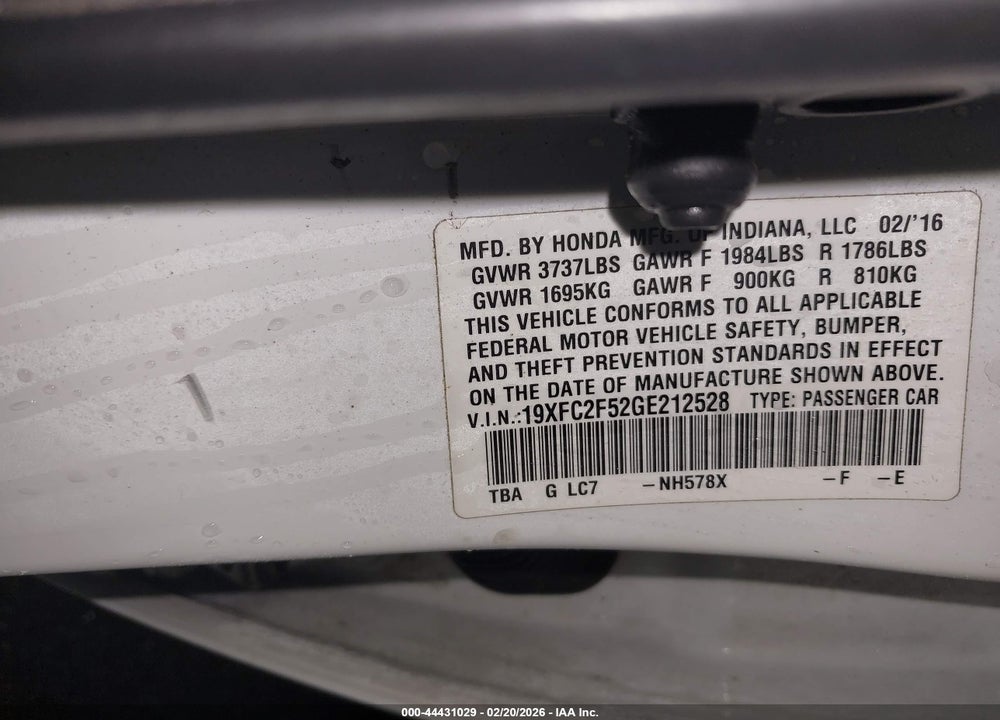 2016 HONDA CIVIC LX VIN: 19XFC2F52GE212528